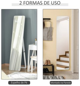 Espelho de Pé de Corpo Inteiro Retangular com 2 Formas de Uso Estrutura de Madeira de Pinho 37x43x156 cm Branco