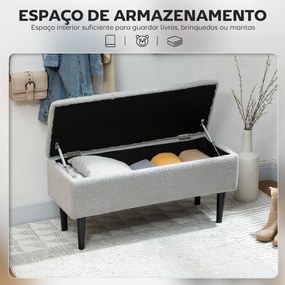 Banco de Armazenamento em Borrego Capacidade 47L Tampa Abatível e Pés de Madeira de Borracha Carga 120 kg 95x38x45 cm Cinza