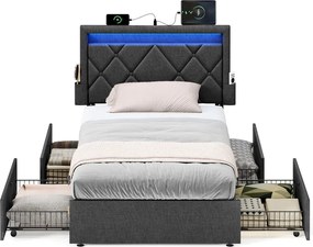 Estrutura de cama em metal 90 x 200 cm (COLCHÃO NÃO INCLUIDO) com iluminação LED nas gavetas e cabeceira cinzento escuro