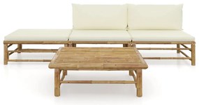 4 pcs conj. lounge p/ jardim em bambu c/ almofadões branco nata