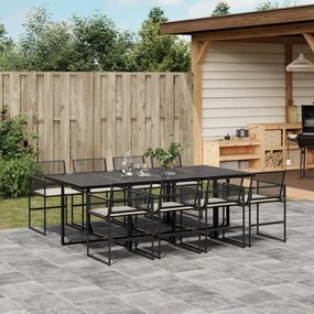 9 pcs conjunto de jantar p/ jardim c/ almofadões vime PE preto