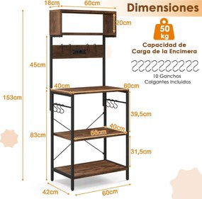 Estante de cozinha com encaixe micro-ondas Com 2 tomadas com prateleiras abertas Ganchos 60 x 42 x 153 cm Castanho