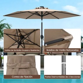 Guarda-sol LED com luzes LED Solares Sistema de inclinação com botão 230 x 230 x 225 cm Castanho Claro