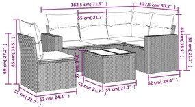 6 pcs conjunto sofás de jardim c/ almofadões vime PE preto