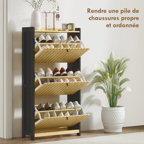 Sapateira com capacidade para 18 pares, com 3 gavetas rebatíveis, portas de bambu com ripas, 60 x 24 x 118 cm, preto e madeira natural