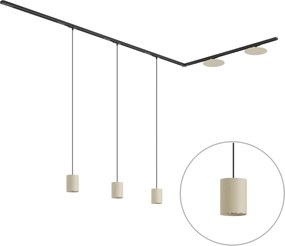 Sistema de iluminação de trilho moderno preto com 3 luzes pendentes e 2 luzes de teto bege 1-fase - Iconic Holt Pulley