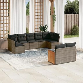 9 pcs conjunto sofás p/ jardim com almofadões vime PE cinzento