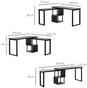 HOMCOM Secretária em Forma L Mesa para Computador Giratória 360 Graus com Múltiplas Formas Prateleiras e Grande Espaço de Armazenamento 220x55x79cm Preto