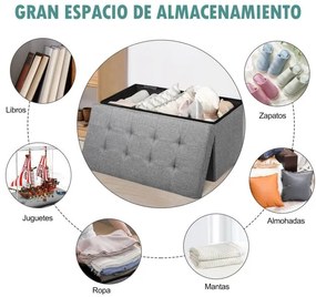 Banco dobrável com espaço para arrumação 80 cm x 40,5 cm x 40,5 cm com assento acolchoado cinza claro