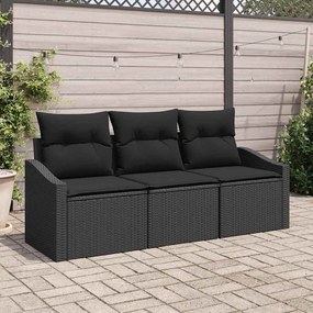 vidaXL Conjunto de Sofá de Jardim de 3 Peças com Almofadas Preto Poli Rattan