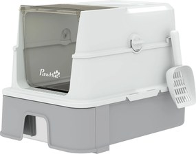 PawHut Caixa de Areia para Gato com Tampa Removível, Gaveta Deslizante, Pá, 2 Sacos Filtrantes e Pedal, 60x40x45cm, Cinza | Aosom Portugal