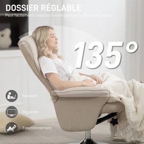 Poltrona relax reclinável a 135°, giratória a 360°, com apoio para os pés e estofo em tecido bege