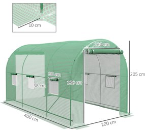 Estufa tipo Túnel 400x200x205 cm Estufa de Jardim com Porta Enrolável e 6 Janelas Cobertura de PE 140 g/m² Verde