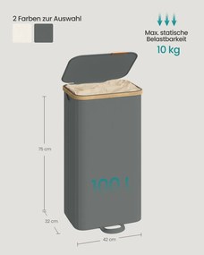 Cesto da roupa suja 42 x 32 x 75 cm com tampa e saco removível, 100 L, cinzento ardósia