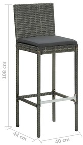 Bancos de bar p/ jardim com almofadões 2 pcs vime PE cinzento