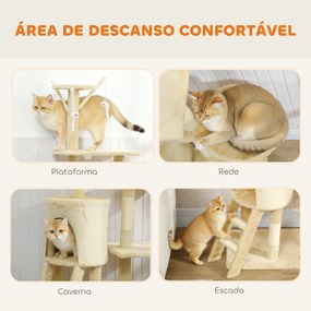 Arranhador para Gatos com Caverna Plataformas Rato de Brinquedo Rede e Postes de Sisal 60x35x134 cm Bege