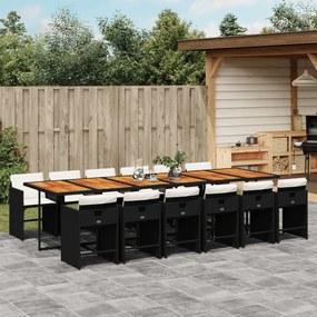 vidaXL 13 pcs conjunto de jantar p/jardim com almofadões vime PE preto