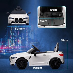Carro Elétrico para Crianças BMW M4 12V com Controlo Remoto Faróis Buzina Música e Velocidade 3-5 km/h 108x69,5x51 cm Branco
