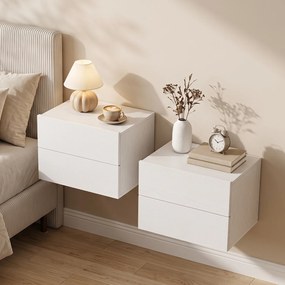 Conjunto de 2 Mesas de Cabeceira Suspensas, 42 x 30 x 29 cm, Duas Gavetas de Arrumação, Branco