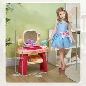 Conjunto de 23 Peças de Toucador Infantil, 55 x 29 x 71 cm, Espelho com Luz LED, Cor-de-Rosa