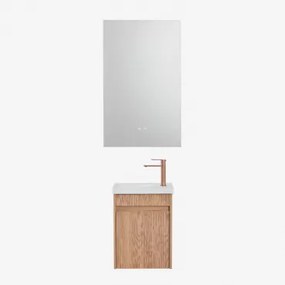 Conjunto De Móvel De Casa De Banho Suspenso Em Madeira Com Lavatório Integrado Narek Castanho Fresno & Retangular Led E Anti-embaciamento 55x90 Cm Rib