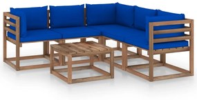 6 pcs conjunto lounge c/ almofadões azuis pinho impregnado