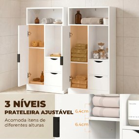 Armário para Casa de Banho com 2 Gavetas, Compartimentos Abertos e Prateleiras Ajustáveis para Espaços Pequenos 50x25x100 cm Branco
