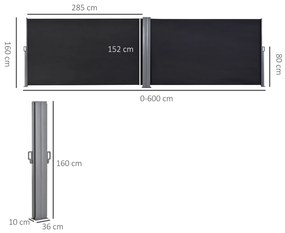 Toldo Lateral Retrátil 600x160cm Toldo de Privacidade Extensível com Ângulo Ajustável e Proteção UV+50 para Jardim Balção Terraço Cinza