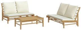 3 pcs conjunto lounge de jardim bambu c/ almofadões branco nata
