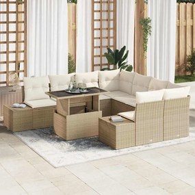 vidaXL Conjunto de sofá de jardim 9 peças com almofadas bege em polirattan