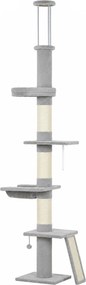 PawHut Arranhador para Gatos de Teto com Altura 230-260 cm, 3 Postes Arranhadores, Rede, em Pelúcia, Cinza Claro | Aosom Portugal