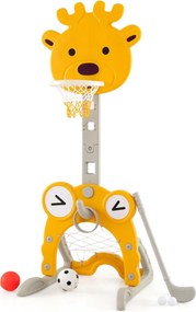 Cesto de basquetebol Veado 4 em 1 com baliza de futebol, argolas e golfe, altura ajustável, base reenchível para interior e exterior Amarelo