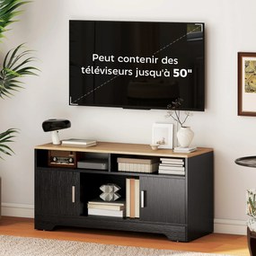 Móvel de televisão 105 x 40 x 52 cm com 2 compartimentos abertos, 2 armários com portas e um armário aberto, com efeito de madeira preta