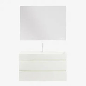 Conjunto De Móvel De Casa De Banho Em Madeira E Chapa De Freixo Com Lavatório Integrado Ona Branco & Retangular Led E Anti-embaciamento - Sklum