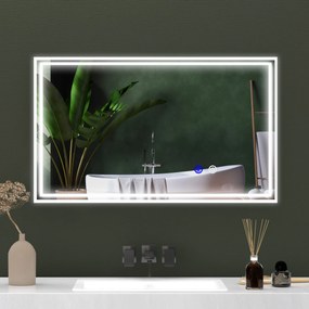 Espelho de Casa de Banho Retangular de Parede com LED, 100 x 60 x 4 cm, Função Antiembaciamento, Prateado