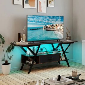 Móvel de TV de 140 cm Armário de televisão de 55-65 polegadas de 3 níveis com luzes LED coloridas ajustáveis Castanho e Preto