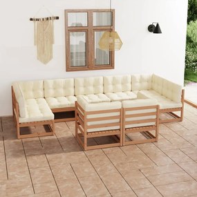 vidaXL 9 pcs conj. lounge jardim almofadões pinho maciço castanho mel