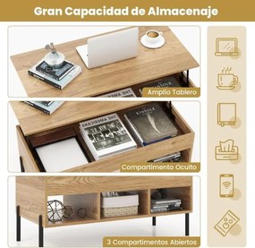 Mesa de centro com tampo elevável 100 x 50 x 46 cm, amplo compartimento oculto, 3 prateleiras abertas e pernas de metal para sala e escritório Natural