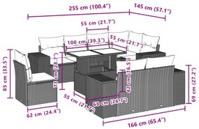 9 pcs conjunto sofás p/ jardim c/ almofadões vime PE castanho