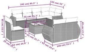 9 pcs conjunto de sofás p/ jardim com almofadões vime PE bege