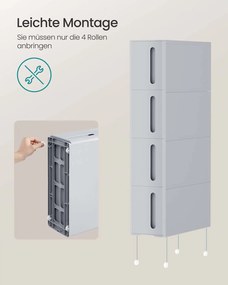 Estante estreita casa de banho com rodas e 4 gavetas 45,2 x 17,3 x 84 cm cinzento
