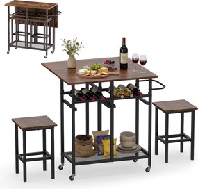 Conjunto de mesa de jantar alta de 3 peças com 2 bancos, suporte para 6 garrafas, estantes e pega lateral, mesa dobrável para cozinha, castanha