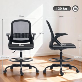 Cadeira de escritório em malha, cadeira de computador com braços rebatíveis, altura ajustável, apoio para os pés, preta