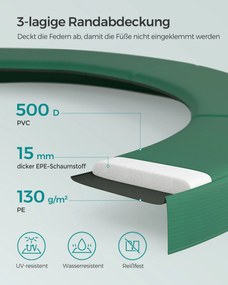 Trampolim redondo 427 cm com rede, estrutura almofadada e Escada Preto-verde escuro