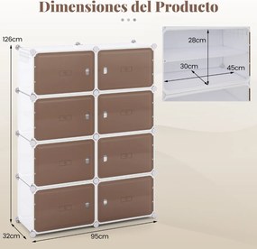 Armário para sapatos 95 x 32 x 126 cm com 8 compartimentos, prateleiras removíveis, ganchos laterais e portas magnéticas branco.