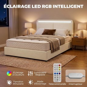 Cama de Casal com Arrumação, 199 x 154 x 108 cm (COLCHÃO NÃO INCLUIDO), Iluminação LED RGB, Creme