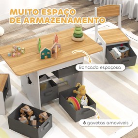 Mesa Infantil com 2 Cadeiras Mesa e Cadeiras para Crianças com 6 Gavetas de Tecido Desenho Estrelas Madeira e Branco
