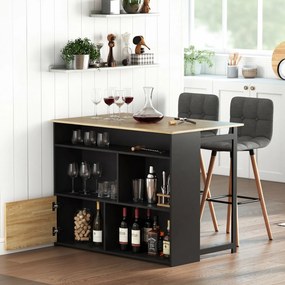 Mesa de bar extensível com aba 116 x 79,6 x 90,5 cm, mesa alta de cozinha, 1 armário e 4 compartimentos abertos, preta e efeito de madeira natural