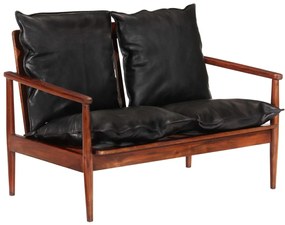 Sofá de 2 lugares couro genuíno e acácia maciça preto