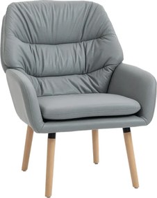 Poltrona de Sala de Estar Moderna Acolchoada de Dupla Camada Estofada em Couro Sintético Pés de Madeira 68x74x89 cm Cinza